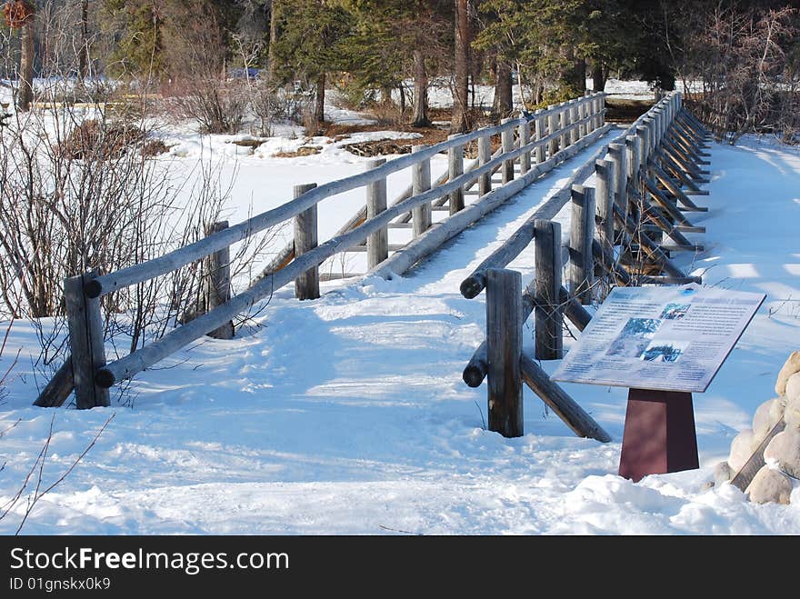 Wood bridge on Paramid Lake at the North of Jasper Town, Alberta, Canada