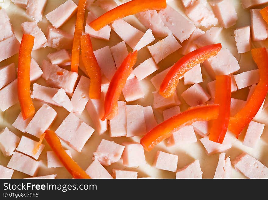 Stock photo: an image of a background of food: sausage and paprika