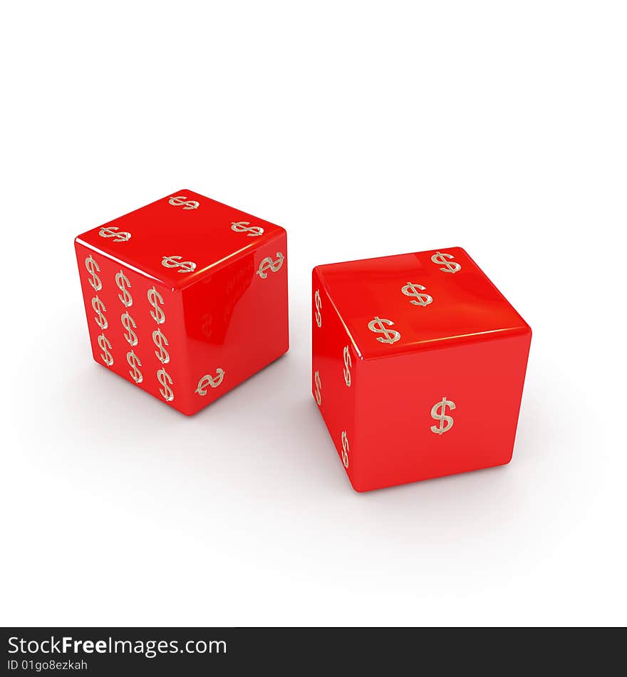 Playing six-sided red dices with dollar sign 3d