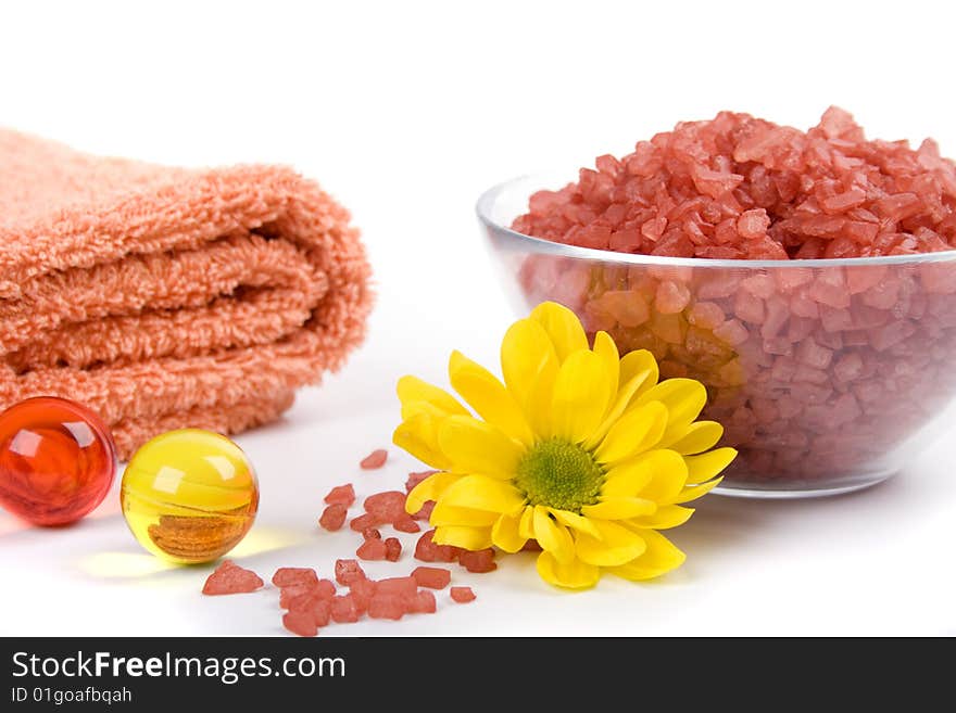 Bath salt, towels and flower