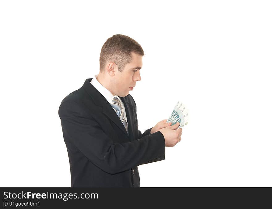 Thoughtful young man on white background