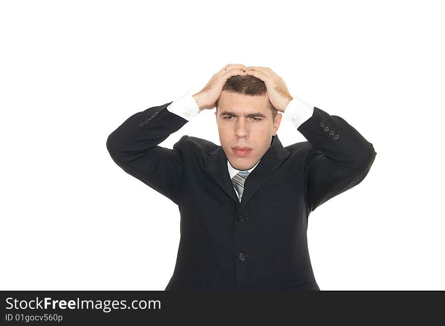 Thoughtful young man on white background