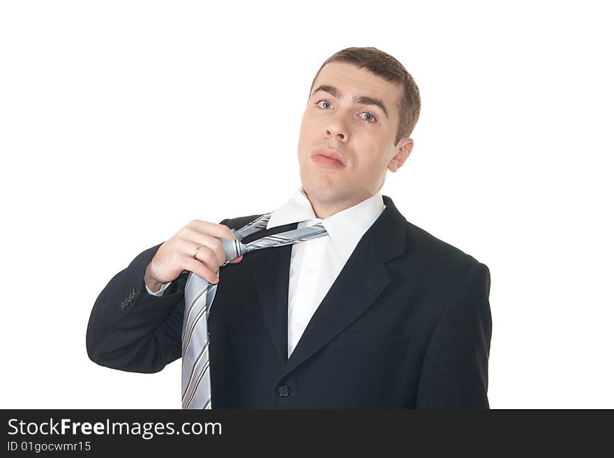 Thoughtful young man on white background