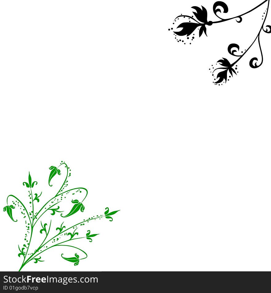 A white background with black and green spring floral patterns. A white background with black and green spring floral patterns