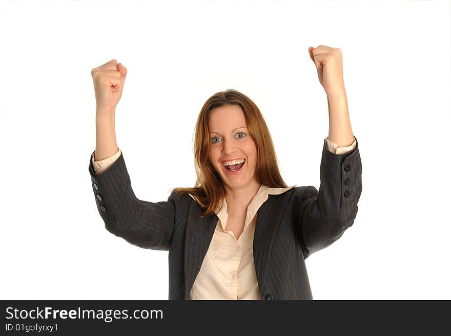 Young business woman, gesturing success,isolated over white.