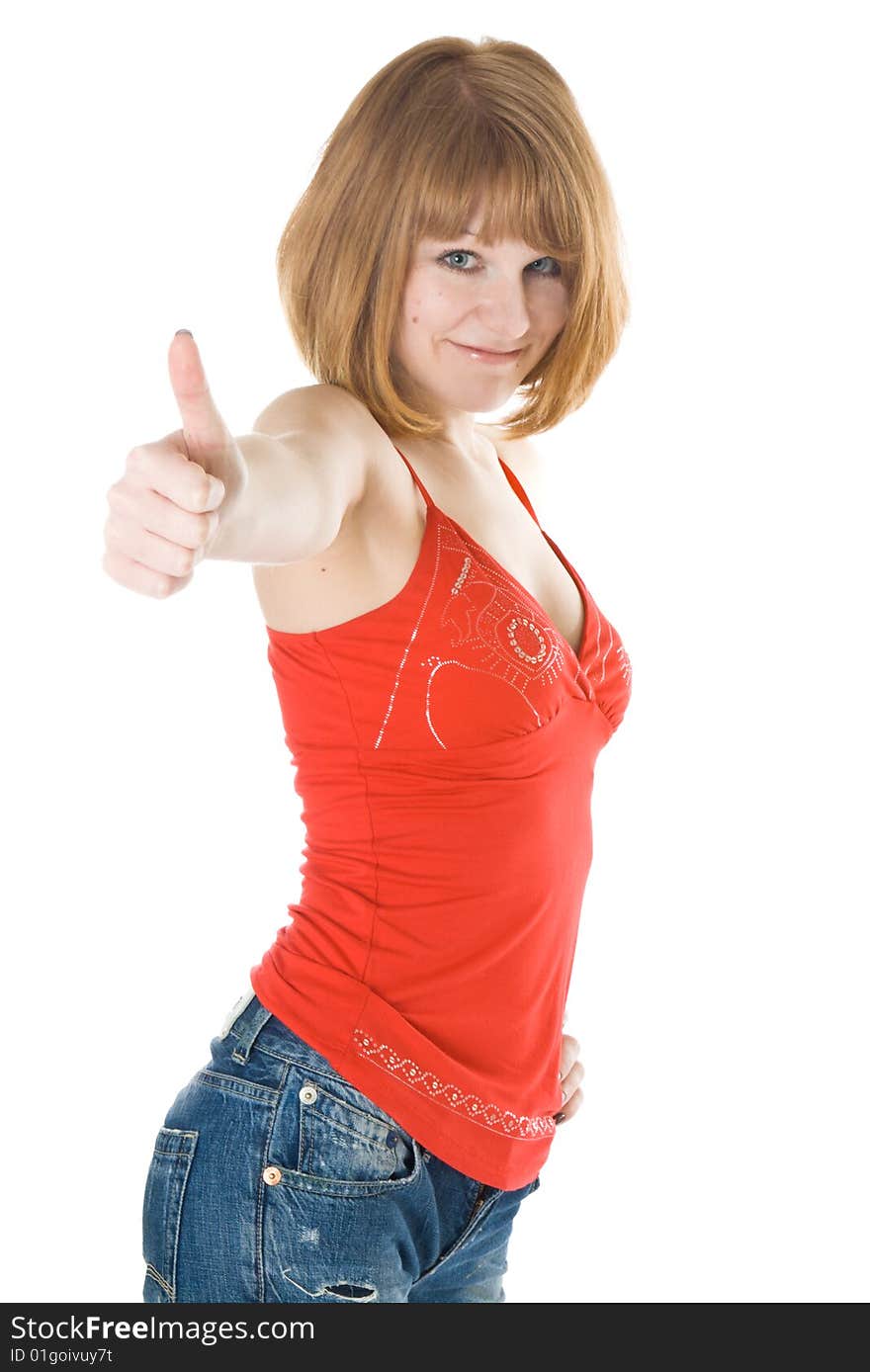 Portrait of young woman giving the thumbs-up. Isolated on white background