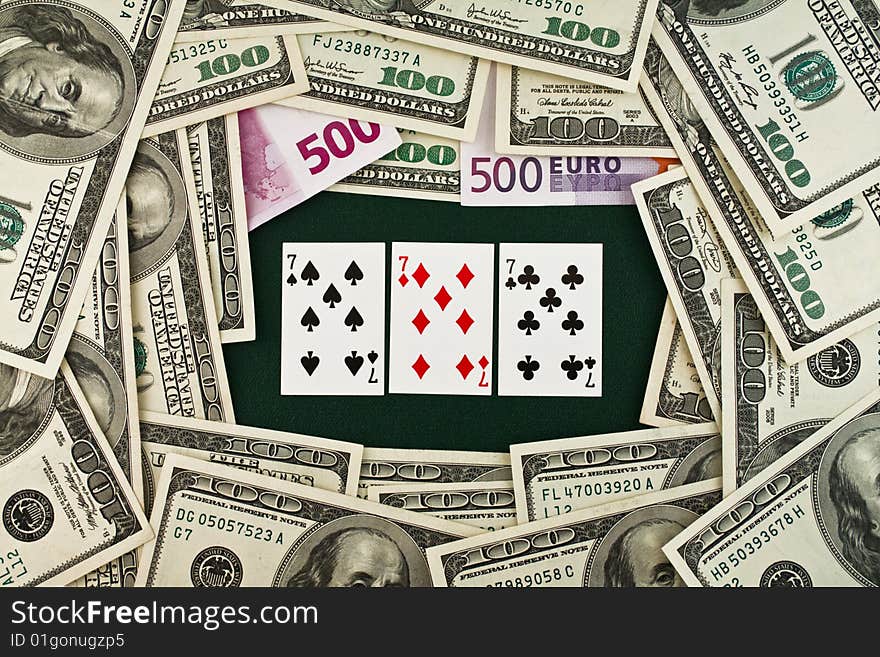 Playing cards, euro and dollars. Playing cards, euro and dollars