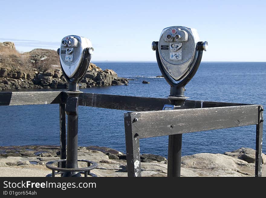 Photo of a pair of viewers used to see the far away coastline. Soheir Park, Nubble Light, York, ME. Photo of a pair of viewers used to see the far away coastline. Soheir Park, Nubble Light, York, ME