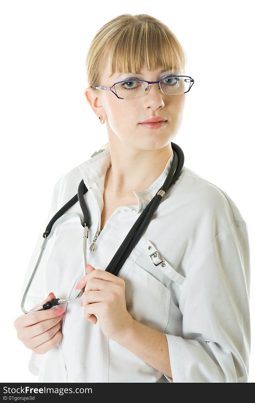 Young female doctor. Isolated on white background