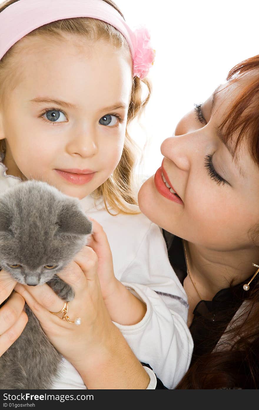 Mother and daughter over white