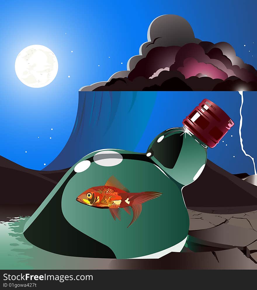 A fish in a bottle floating on the sea in the middle of the night. A fish in a bottle floating on the sea in the middle of the night.