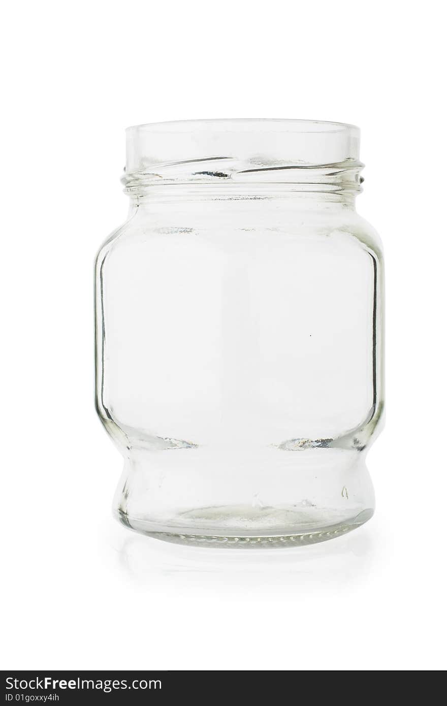 Empty glass jar on white background