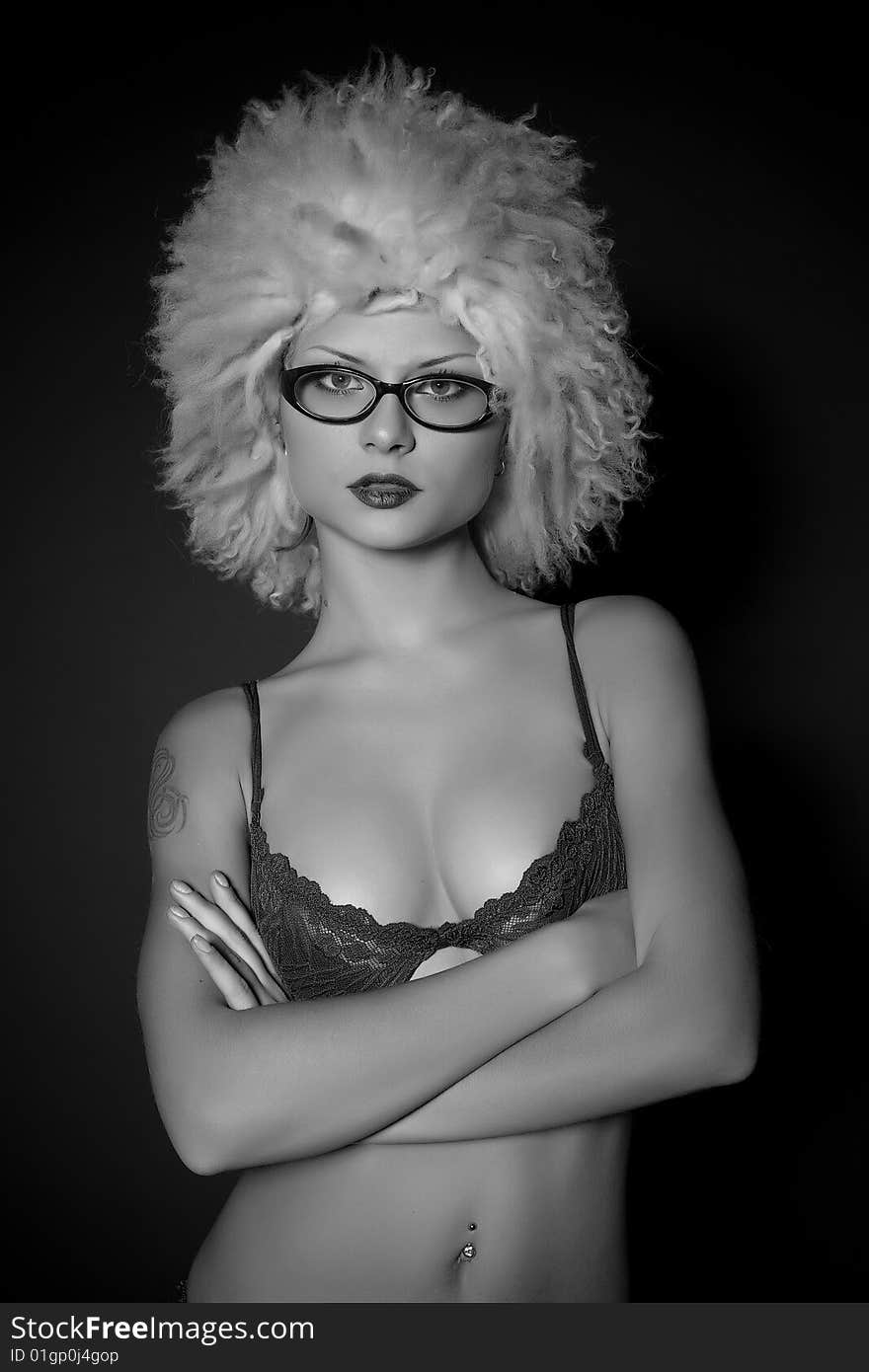 Attractive girl in glasses, grayscale