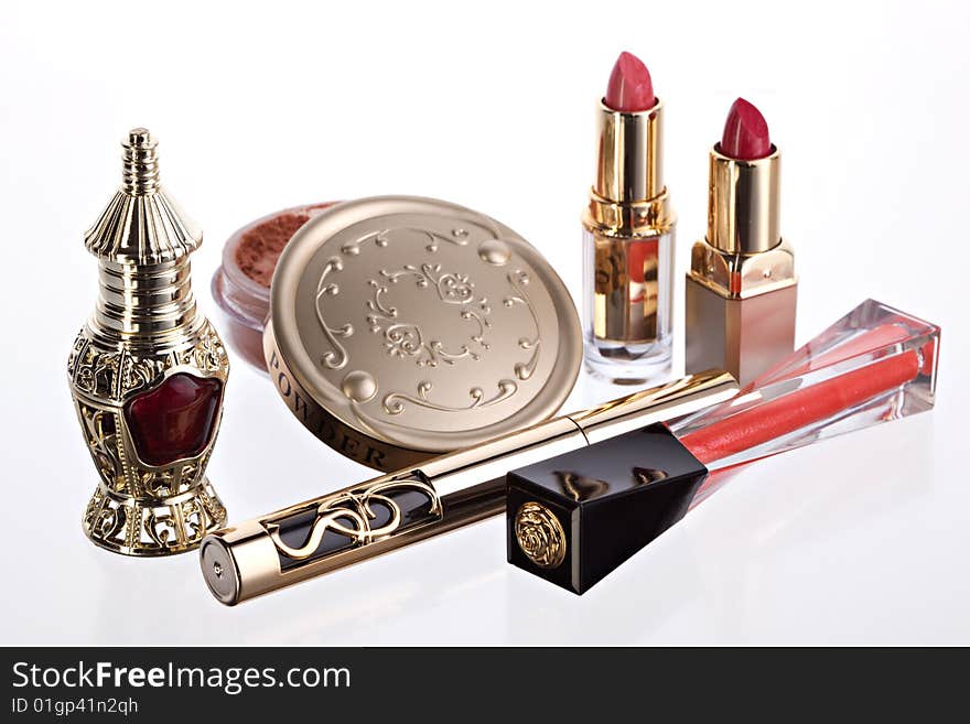 Still life with cosmetics on the white background