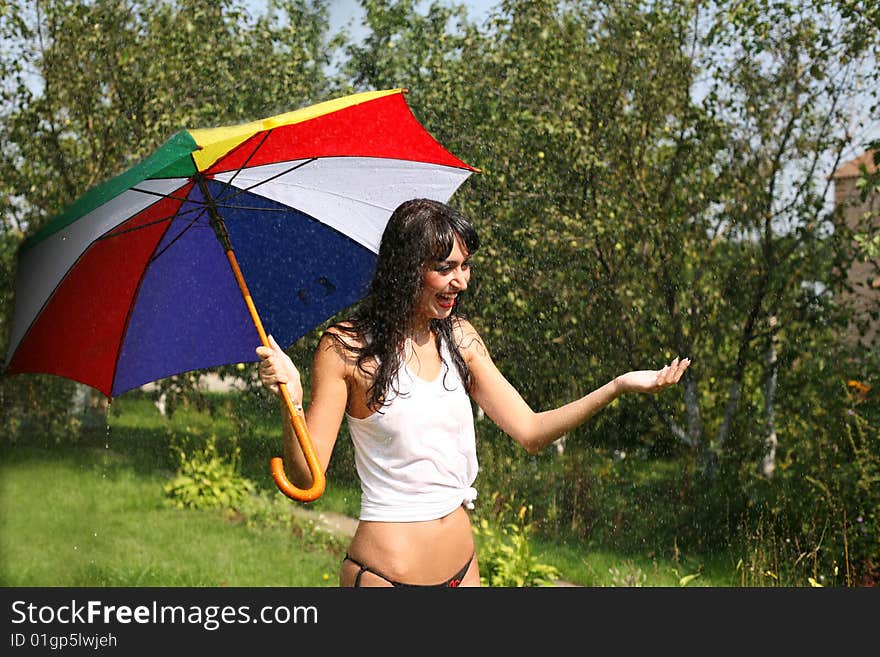 Girl under umbrella in rain