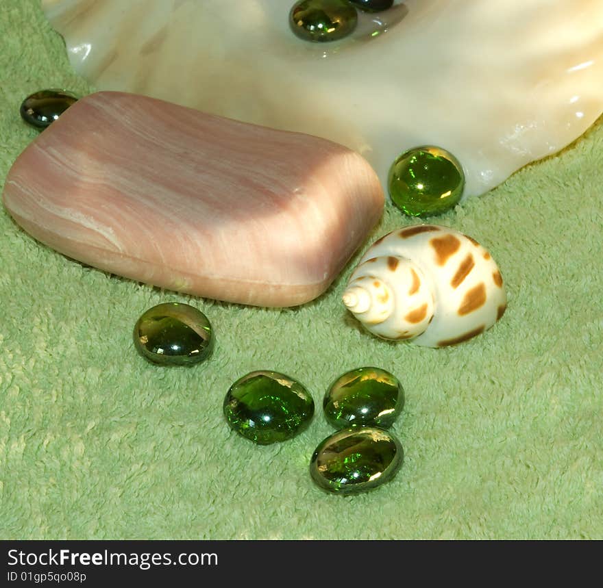 Spa. Soap, shell and towel. Spa. Soap, shell and towel