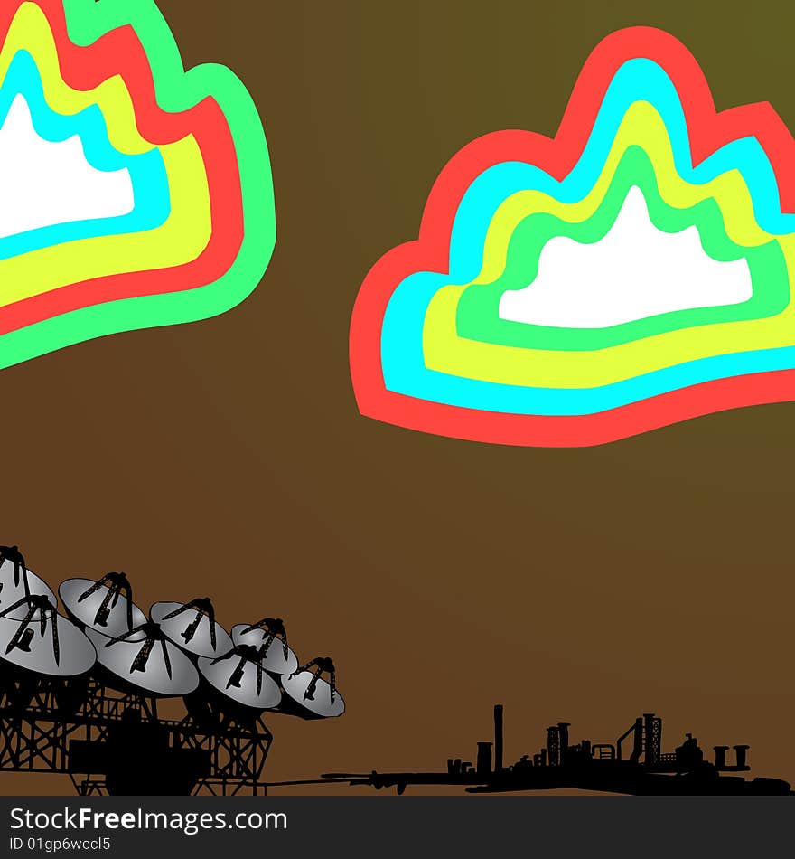 A large satellite site amongst rainbow color clouds. Fully scalable vector illustration. A large satellite site amongst rainbow color clouds. Fully scalable vector illustration.