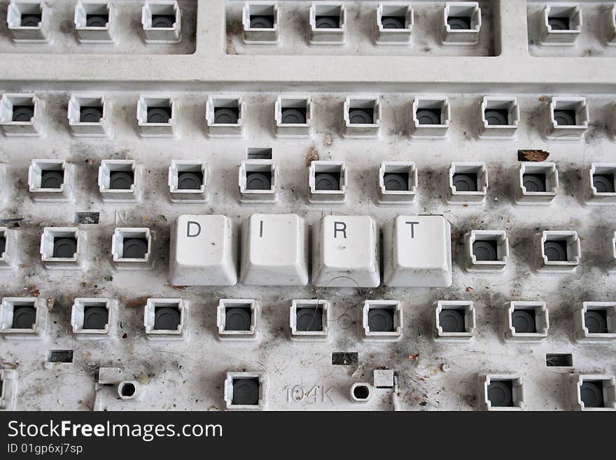 Dirty computer keyboard with dirt word made with keys. Dirty computer keyboard with dirt word made with keys