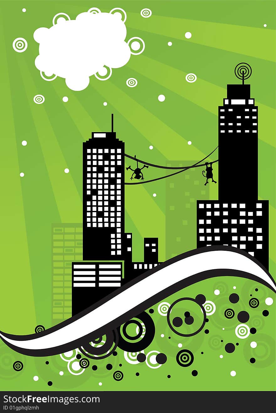 Conceptual illustration of monkeys hanging on the buildings of big city. vector is also available. Conceptual illustration of monkeys hanging on the buildings of big city. vector is also available