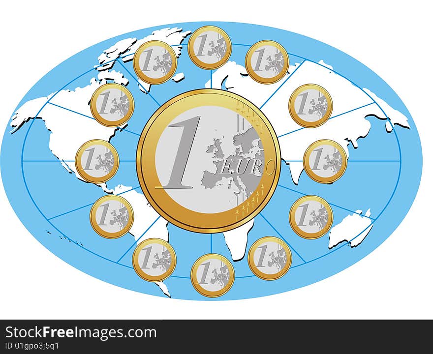 Vector illustration of Euro coins placed in circle on World map. Vector illustration of Euro coins placed in circle on World map.