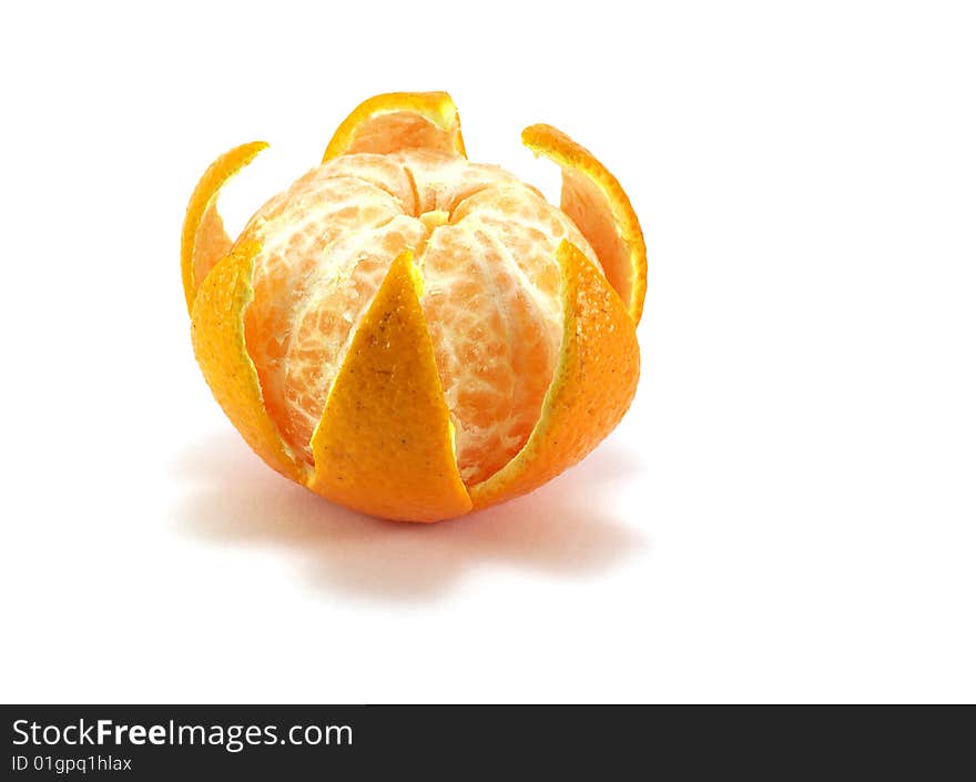 One orange tangerine with the cut peel isolated on a white background