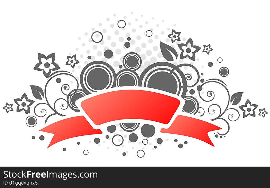 Red ribbon with flowers and abstract pattern on a white background.