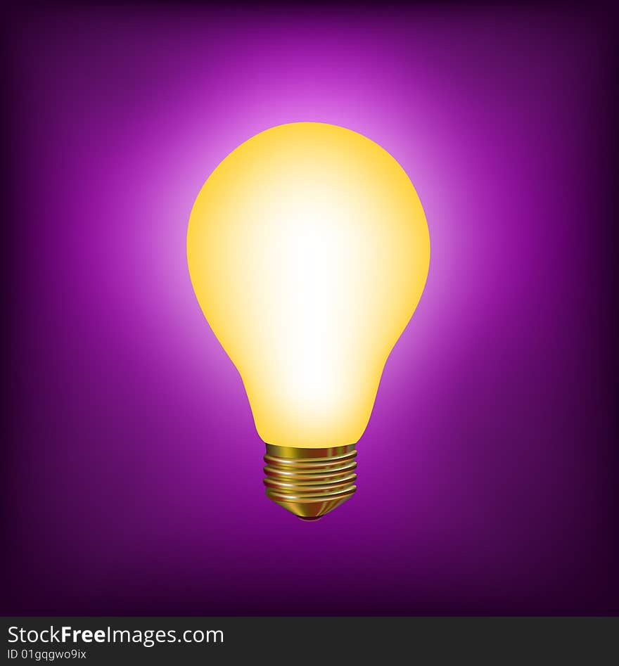 Vector illustration of the light bulb brighting with yellow light on the violet background