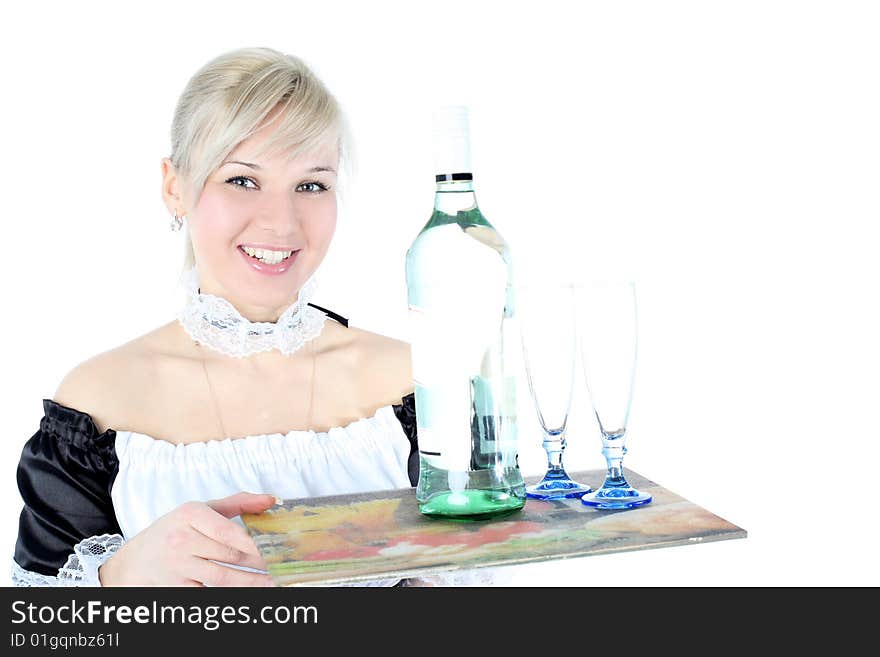 Girl waiter with a tray isolated on white