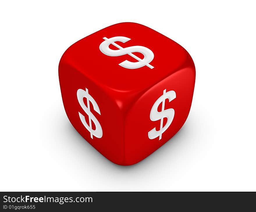 One red dice with dollar sign isolated on white background