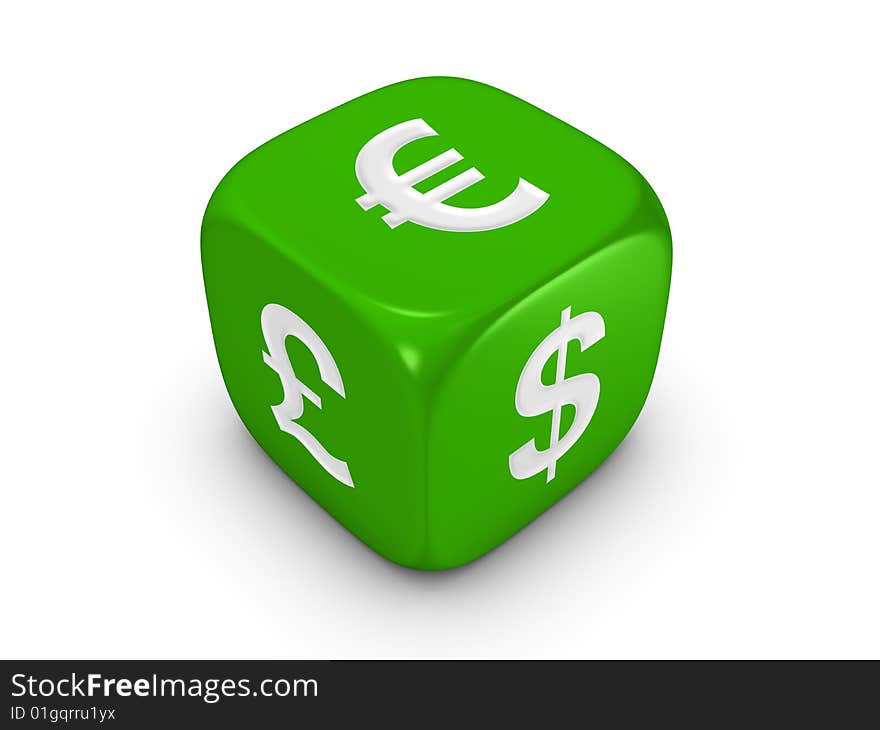 One green dice with dollar euro pound sign isolated on white background. One green dice with dollar euro pound sign isolated on white background