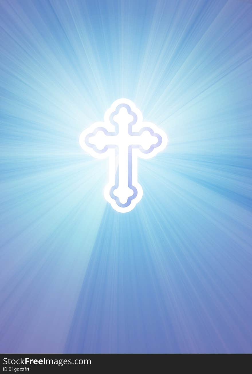 Shining cross on a blue background in the rays