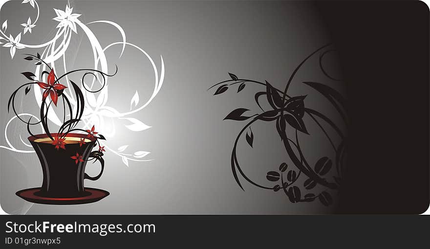 Cup with coffee and bouquet of flowers. Blank for card. Vector illustration