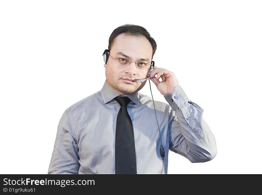 Man in earphone, talking in mike. Man in earphone, talking in mike