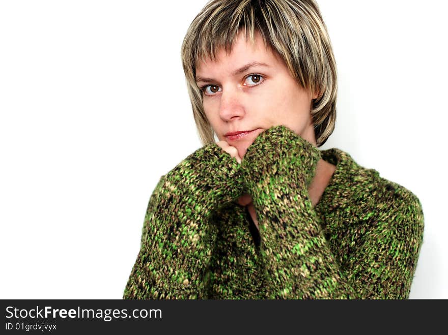 Portrait of the beautiful woman in a melange jacket