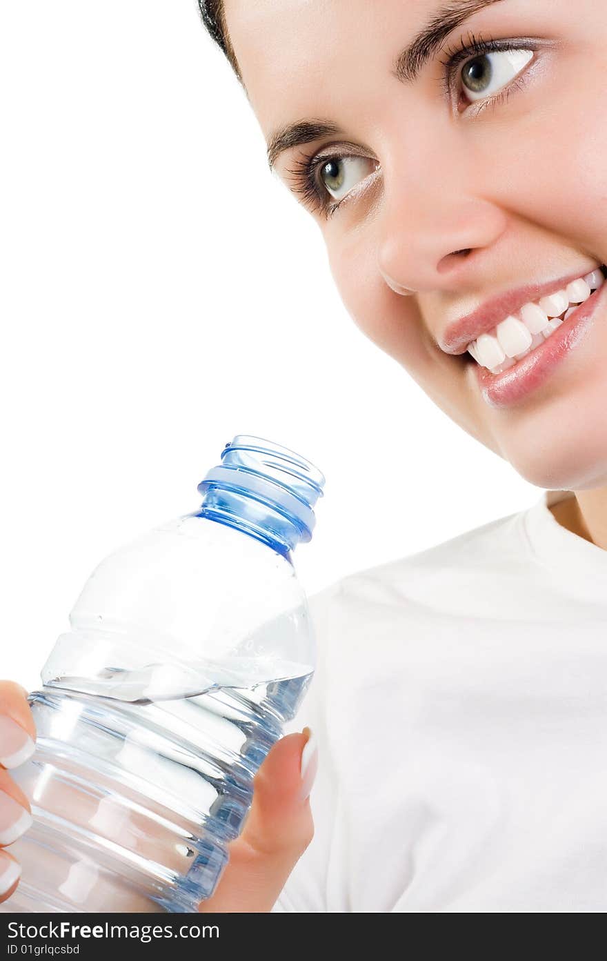 Young beautiful girl with mineral water (isolated on white)