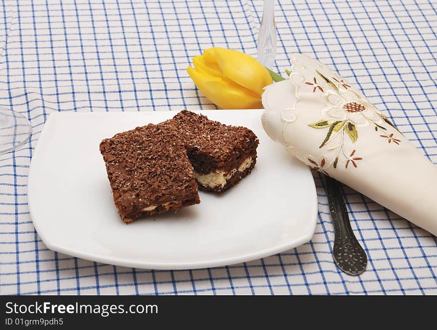 Tasty chocolate cake on plate