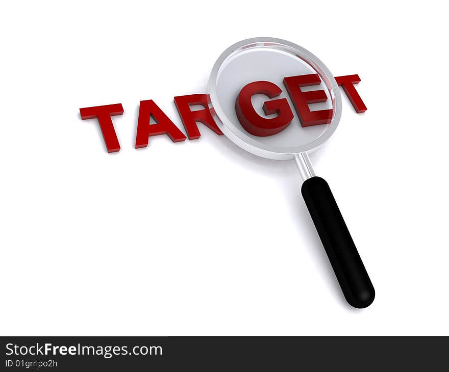 3d target text with magnifier on white background