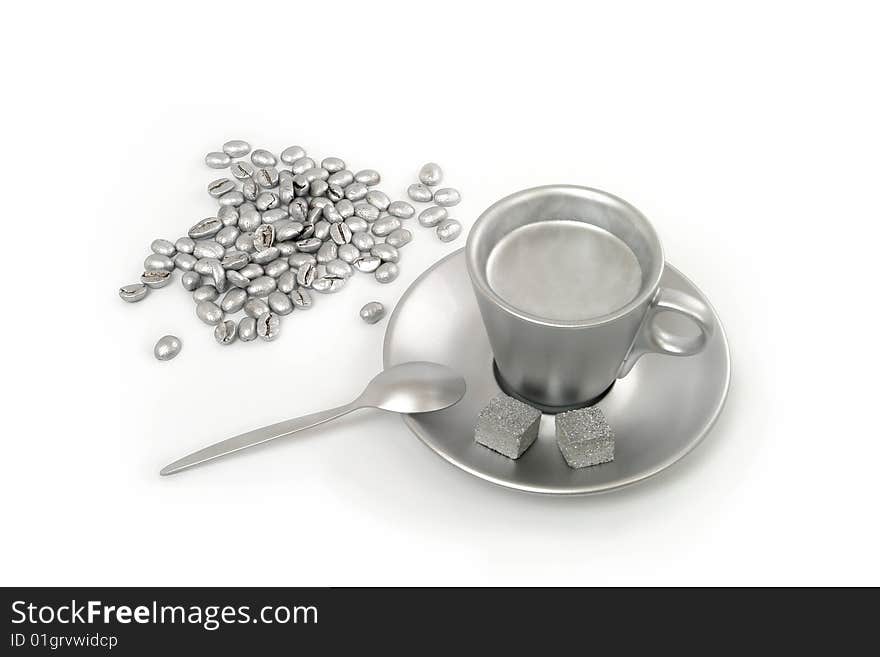 Cup coffee, beans and sugar elegant, unusual, silver colors