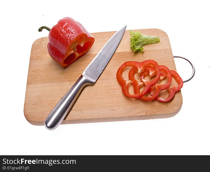 Sliced red pepper on a board.