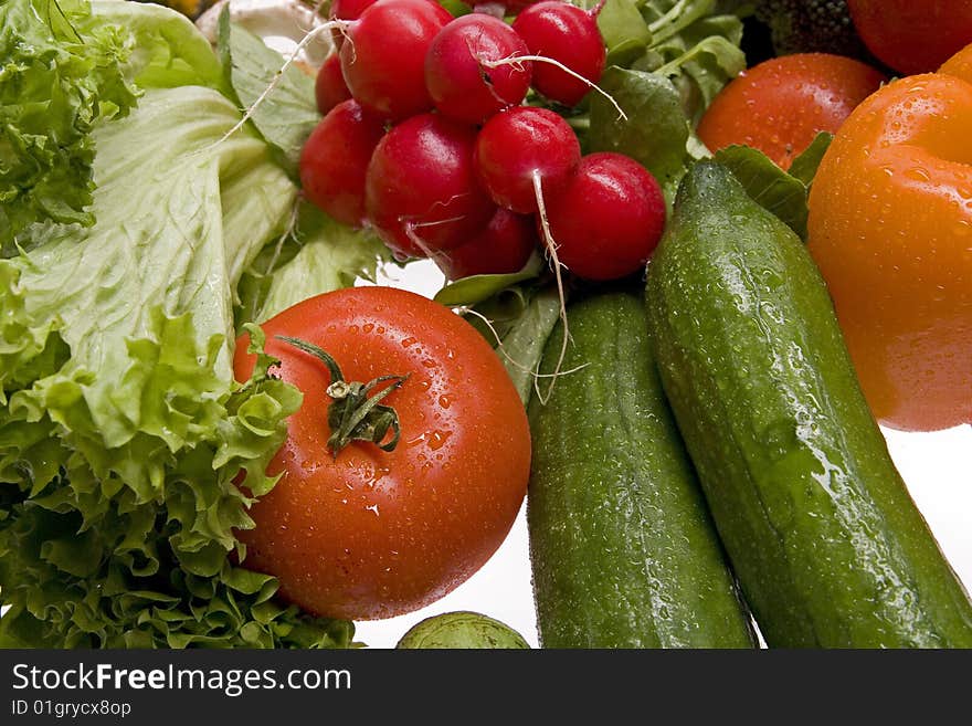 A group of sprinkled fresh vegetables. A group of sprinkled fresh vegetables.