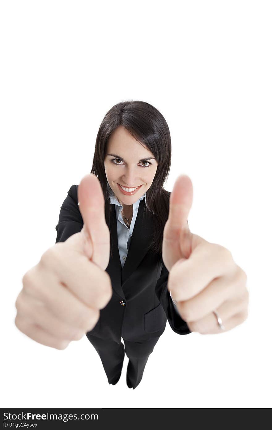 Businesswoman showing thumbs up on white background