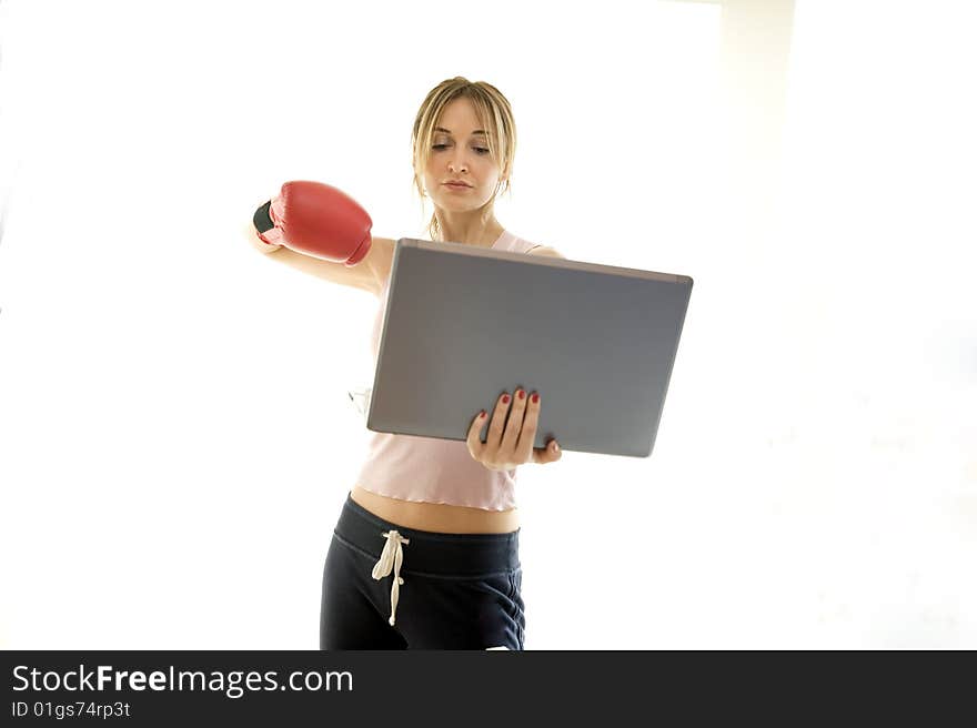 Young woman fighting work problems