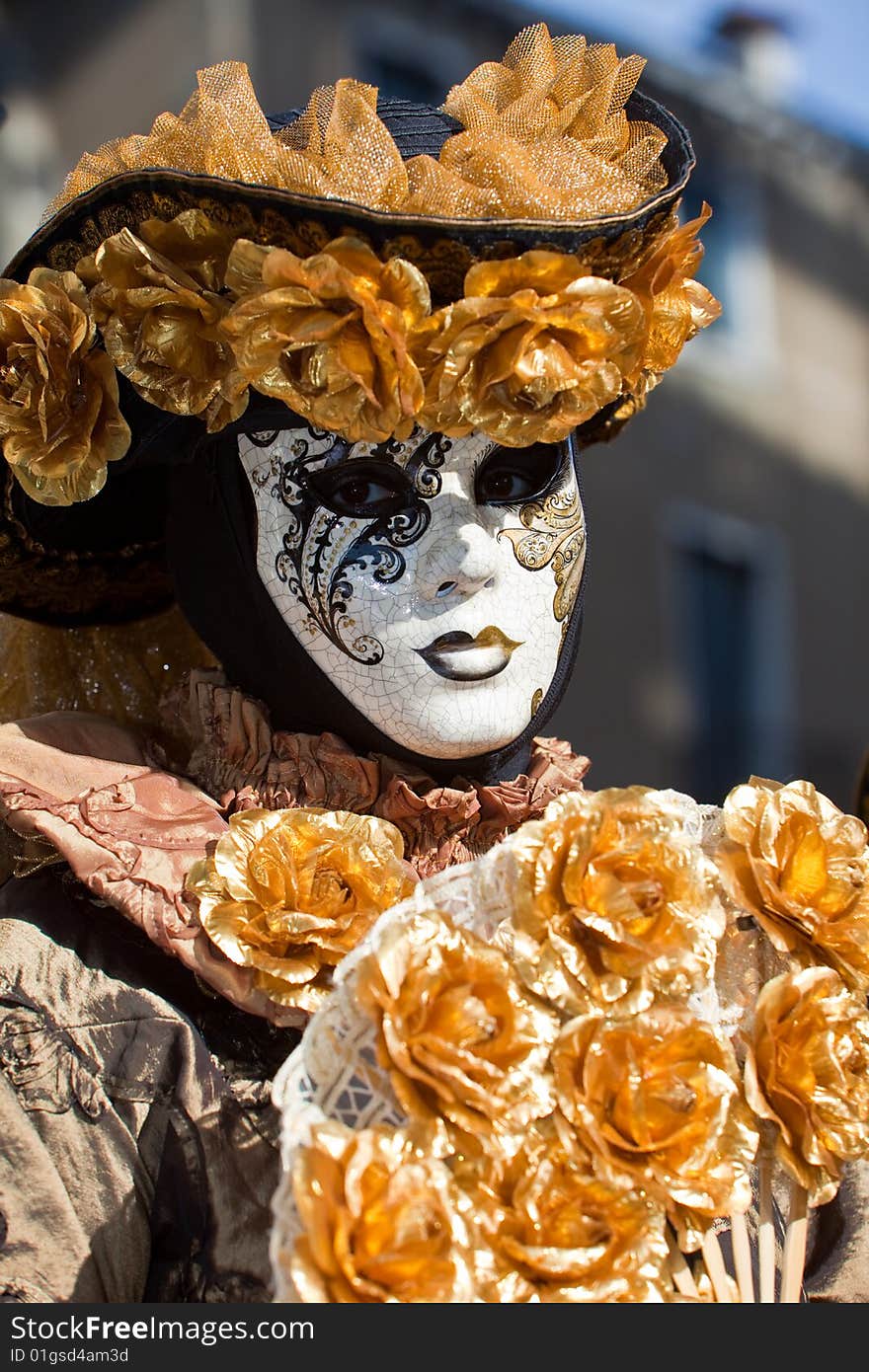 Gold costume with golden roses at the Venice Carnival. Gold costume with golden roses at the Venice Carnival