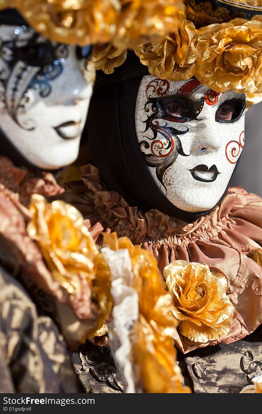 Gold costume with golden roses at the Venice Carnival. Gold costume with golden roses at the Venice Carnival