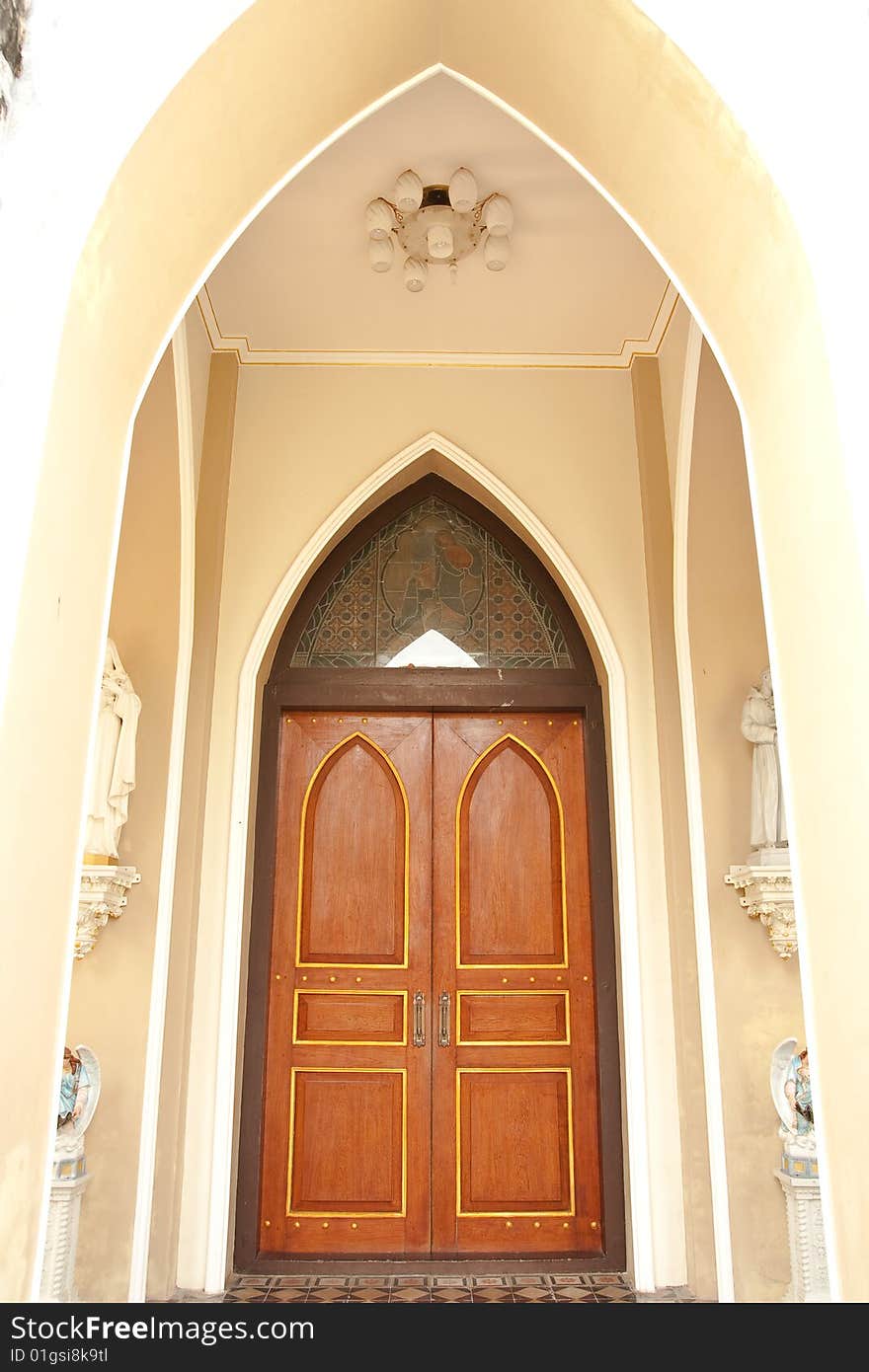 Gothic style mixed with thai style window of over 100 years old church in Ratchaburi province, Thailand. Gothic style mixed with thai style window of over 100 years old church in Ratchaburi province, Thailand.