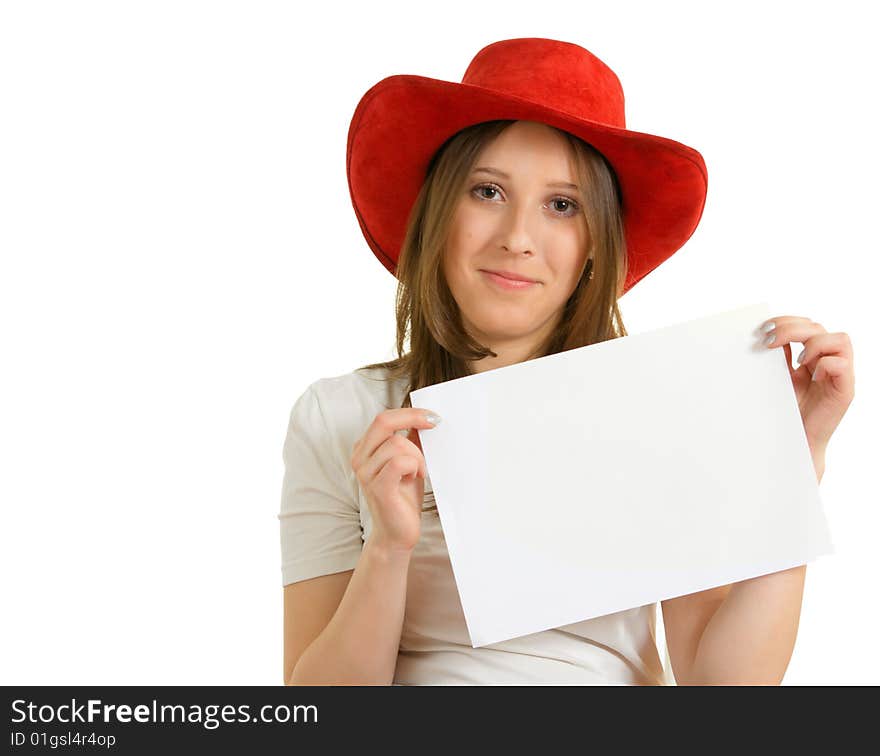 European girl in a red hat holding a sheet of paper