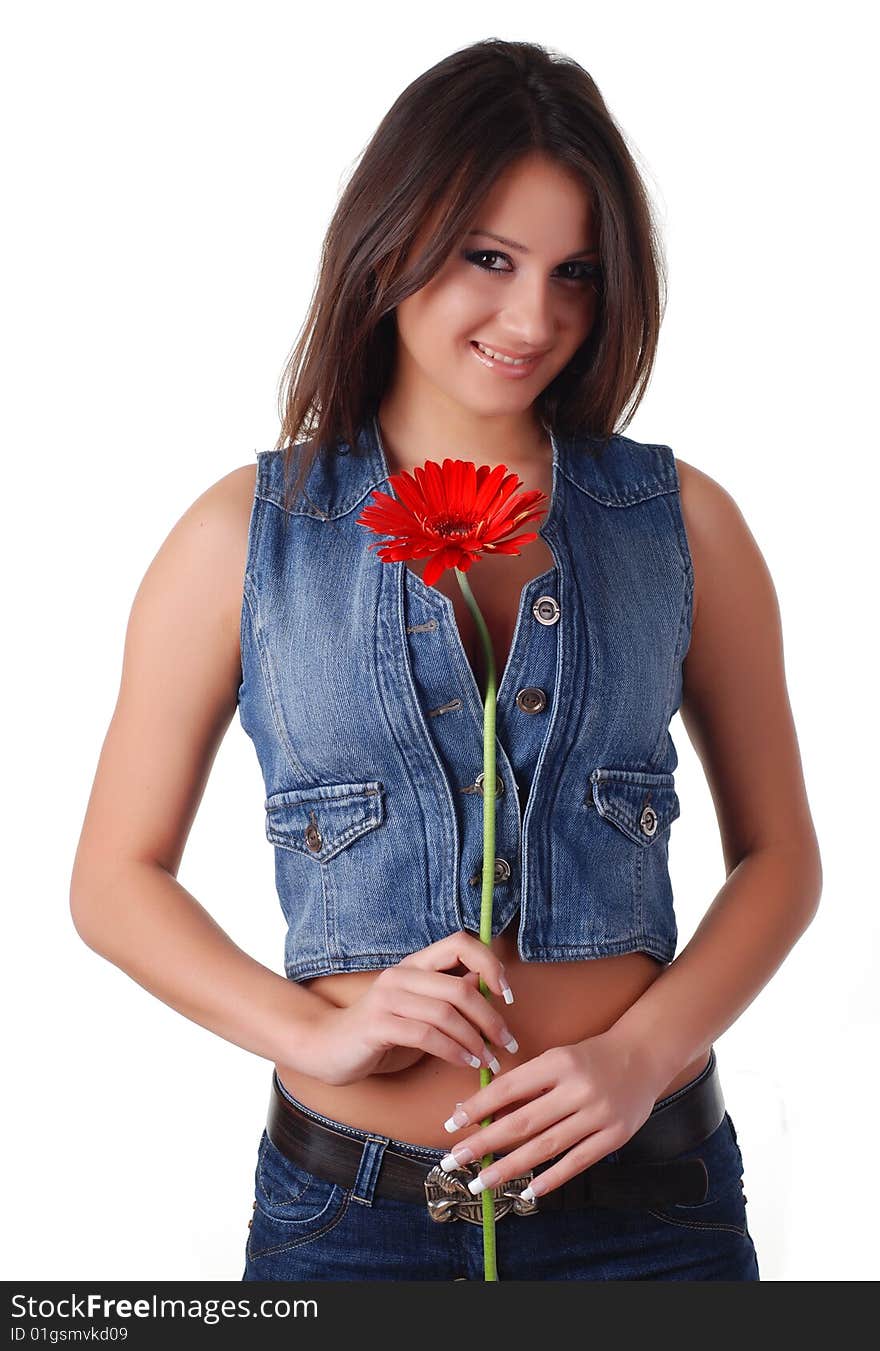 Portrait of a beautiful woman with red flower. Portrait of a beautiful woman with red flower