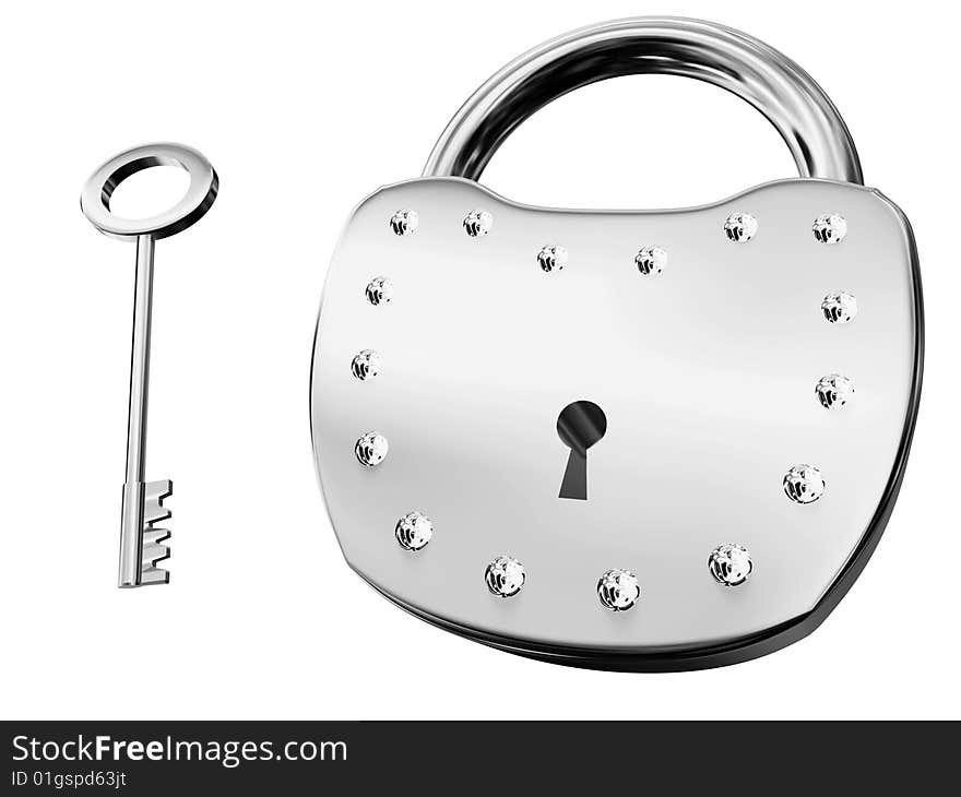 Chrome padlock with key isolated on white