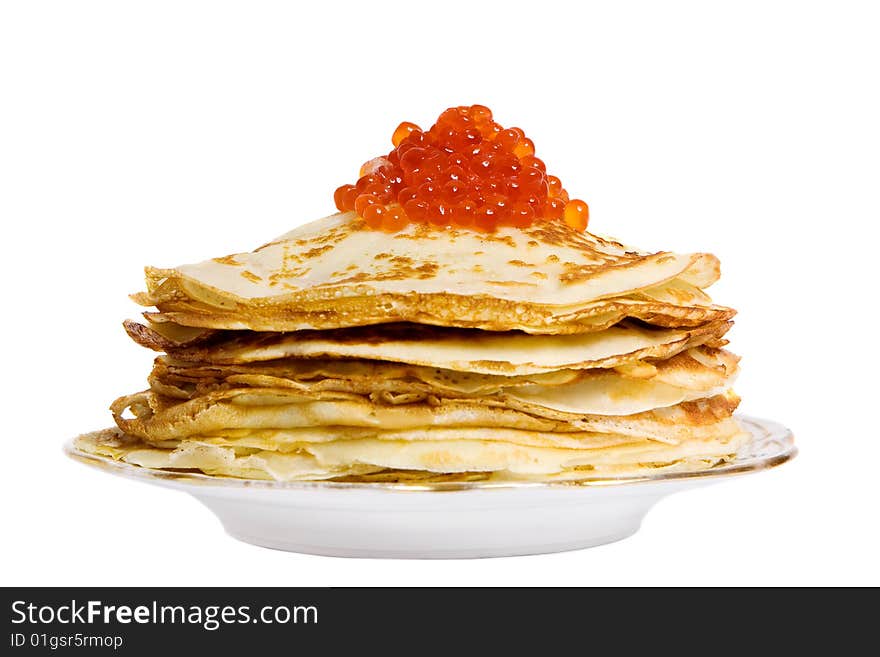 Pancakes with red caviar isolated on white. Pancakes with red caviar isolated on white