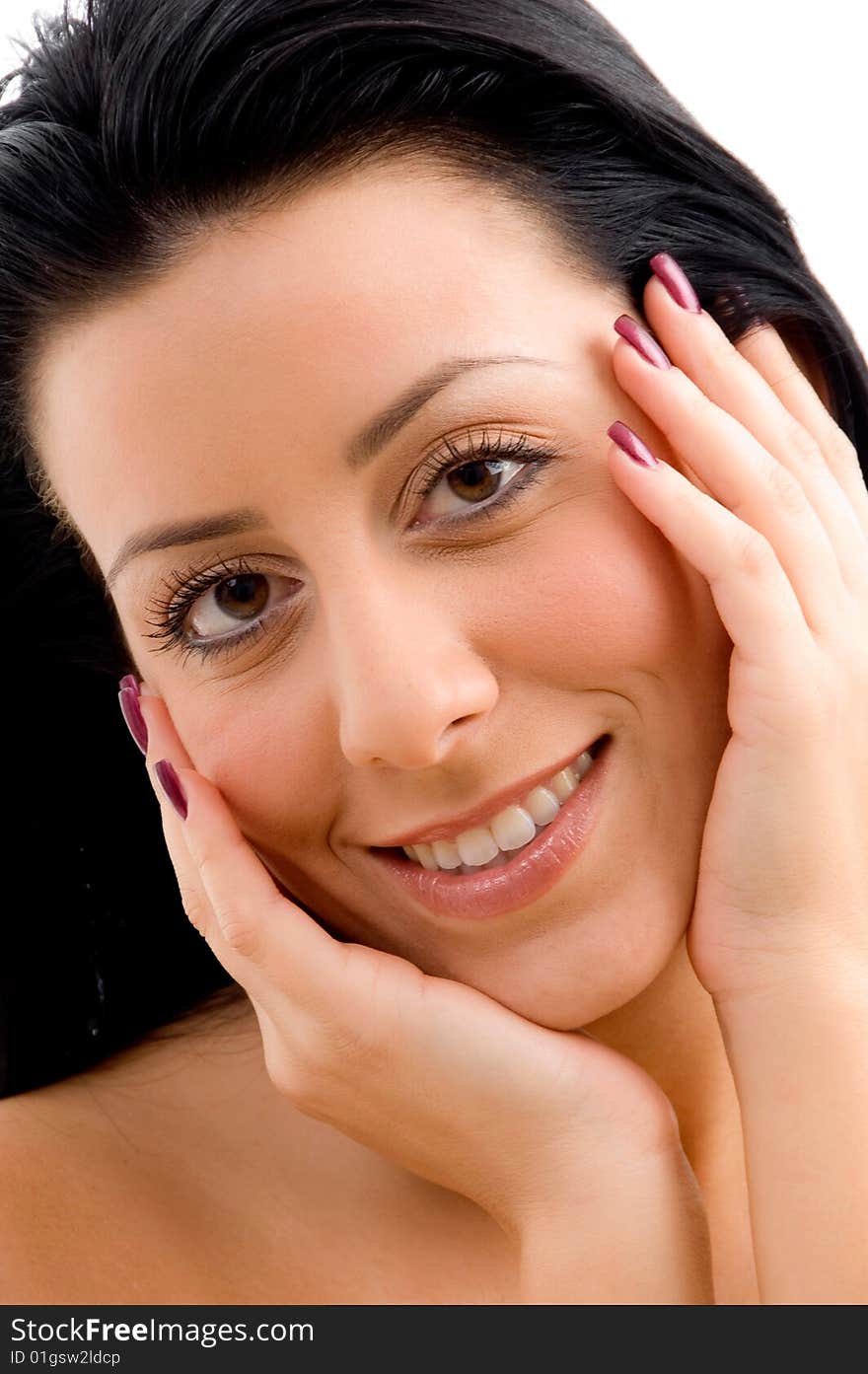 Top view of smiling young woman scrubbing her body against white background. Top view of smiling young woman scrubbing her body against white background